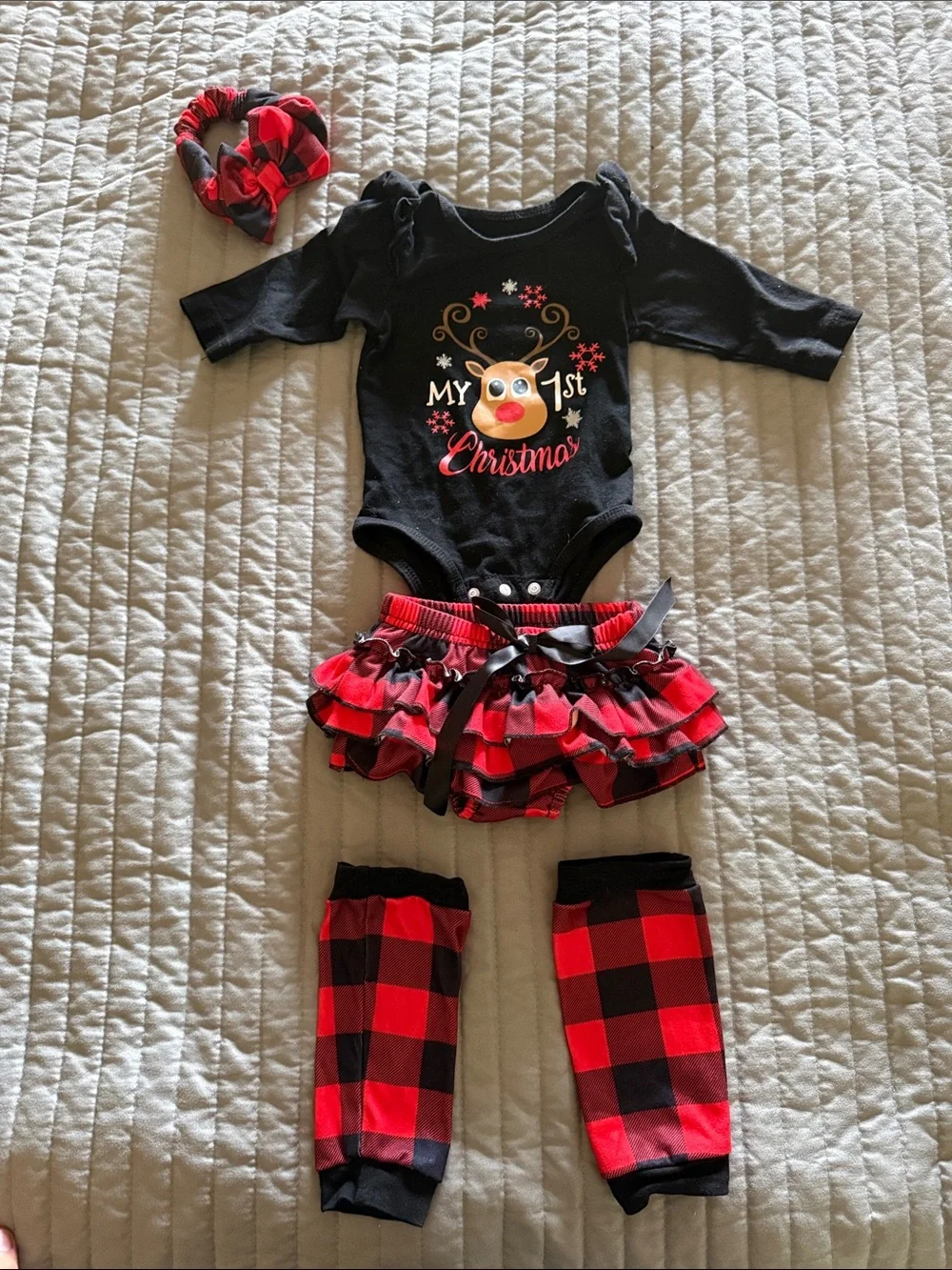 My 1st Christmas Reindeer Bodysuit & Buffalo Plaid Ruffle Set